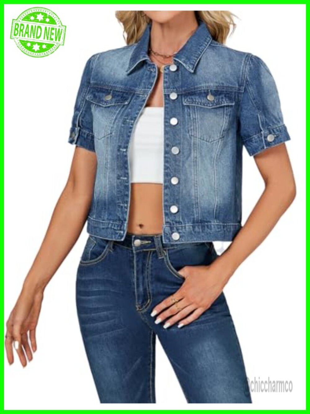 Cropped Denim Jacket Women Short Sleeve Puff Jean Jacket Summer Cardigan